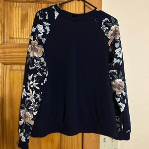 SHEIN Navy Floral Sleeve Sweatshirt